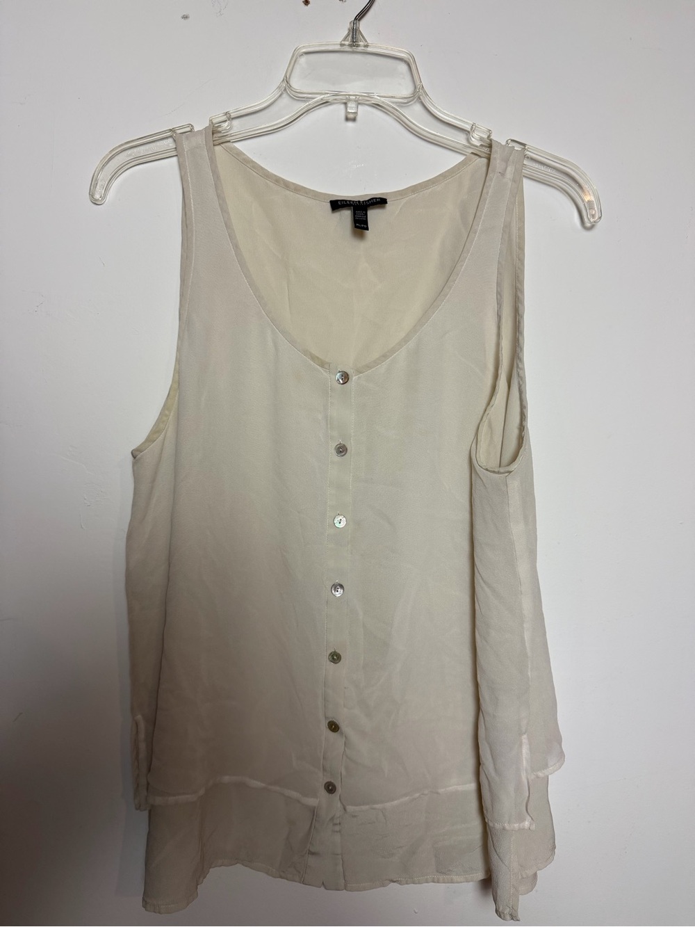 Eileen Fisher Petite Large Ivory 100% Silk Button Front Tank Layered Hem